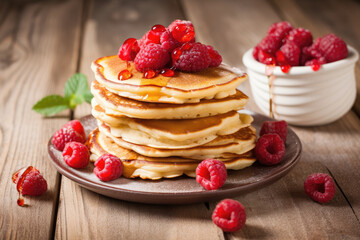 a stack of pancakes with raspberries and syrup. Generative AI.