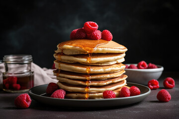 a stack of pancakes with raspberries and syrup. Generative AI.