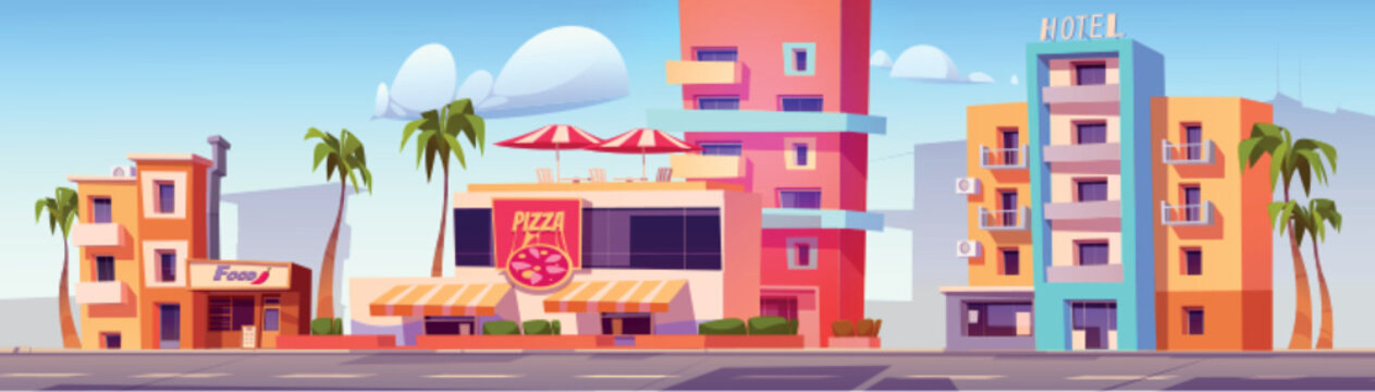 Miami city street with buildings, palm trees and road. Vector cartoon illustration of hotel, food shop and pizza restaurant with chairs and umbrellas on roof. Sunny day in summer beach resort town