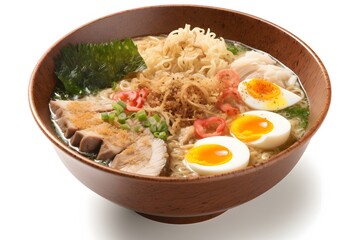Close-up of halal beef and egg topped Japanese ramen bowl. Generative AI