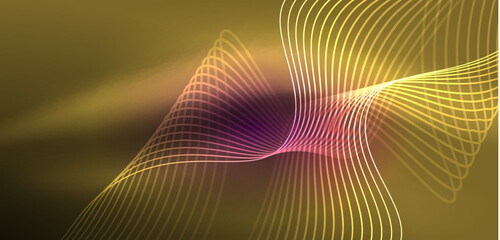 Shiny glowing neon wave. Neon light or laser show, electric impulse, power lines, techno quantum energy impulse, magic glowing dynamic lines
