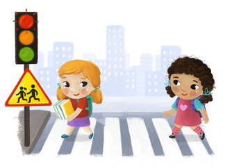 cartoon scene with child girl going through crossing in the city street illustration for kids