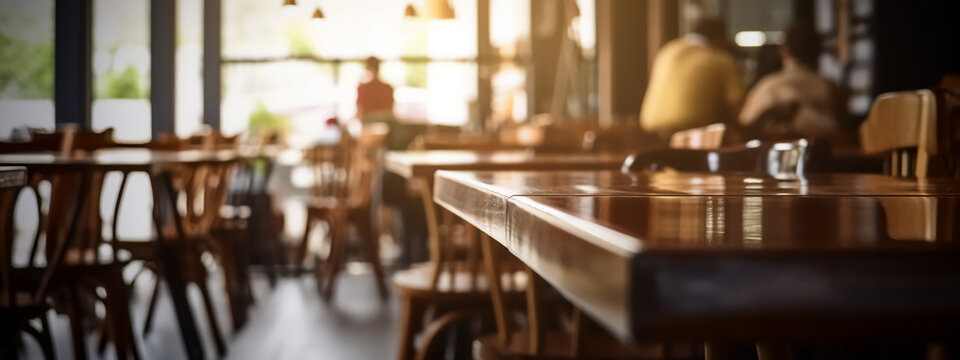  Cafe interior wooden table and counter, copy space, negative space, generative ai, digital illustration.