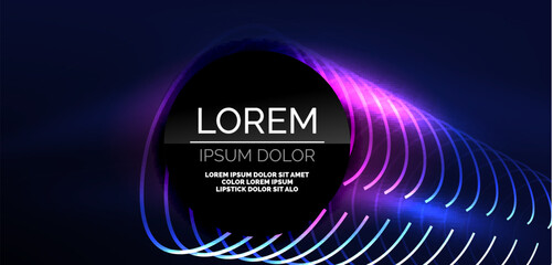 Neon laser lines, circles waves abstract background. Neon light or laser show, electric impulse, power lines, techno quantum energy impulse, magic glowing dynamic lines