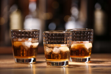 Glasses of cold rum on table in bar