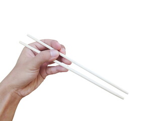 hands holding chopsticks isolated on white background.