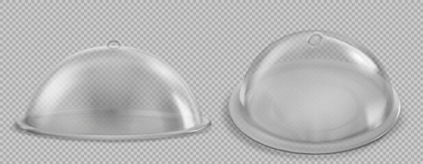 Realistic set of closed glass cloche trays isolated on transparent background. Vector illustration of round dish with bell lid. Restaurant container for elegant serving of cake, lunch, dessert, pastry © klyaksun