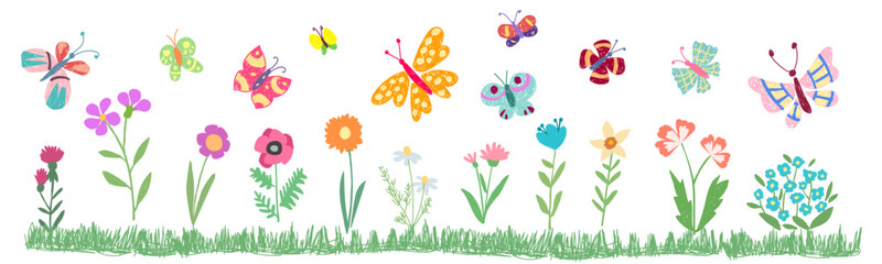 Obraz na płótnie Canvas Children's drawing. Flowers, butterflies, ladybug, hearts on a white background