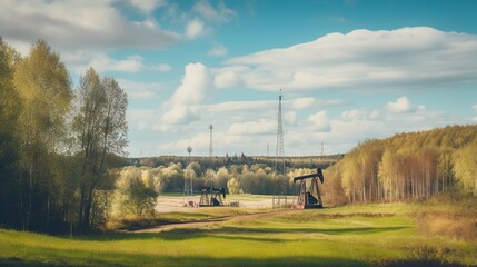 Obraz premium Oil pump on on hills landscape. Oil pumps. Generative AI