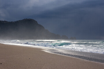 Big storm waves of Mediterranean sea on Alanya beach Turkey coast