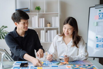 ui designer brainstorming about mobile app interface wireframe design with customer breif and color...