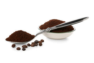 Spoon and bowl with coffee powder isolated on white background