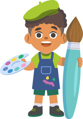 a black boy painter with apron and big painting brush, illustration cartoon character vector design on white blackground.