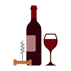 wine bottle and glass with corkscrew flat vector illustration logo icon clipart