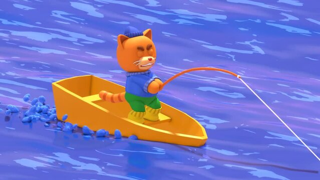 3d animation of a cat in a boat trying to catch fish with fishing rod