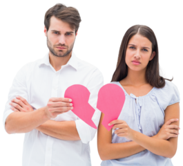 Upset couple holding two halves of broken heart