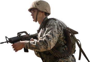 Military holding rifle while walking 