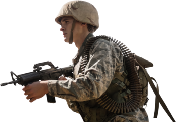 Military holding rifle while walking 