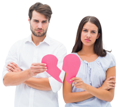 Upset couple holding two halves of broken heart