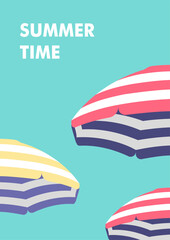 Summer time, vacation and travel. Beach umbrellas on a sunny day  Vector illustration in minimalistic style for posters, cover art, flyer, banner.