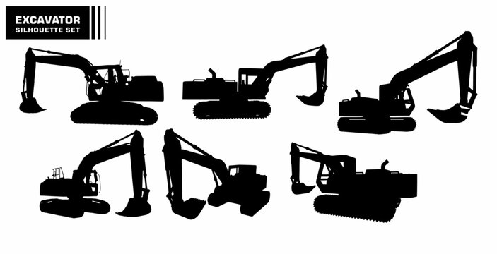 excavator heavy equipment silhouette vector set 