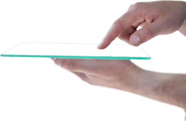 Cropped image of man pretending to be using futuristic digital tablet