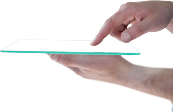 Cropped image of man pretending to be using futuristic digital tablet