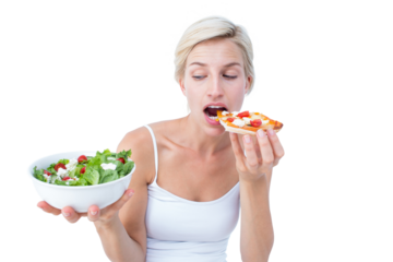 Pretty woman deciding eating pizza rather the salad