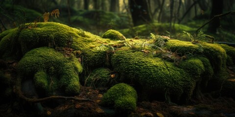 Green moss background. Wildlife landscape. Wide banner. Copy space. Design. Empty space for the product