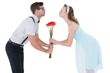 Geeky hipster couple holding roses and kissing 
