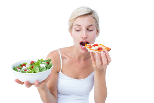 Pretty woman deciding eating pizza rather the salad - Powered by Adobe