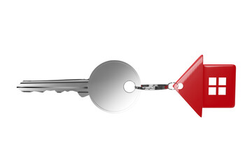 High angle view of red home keychain with silver key