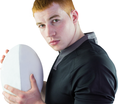 Rugby player holding a rugby ball - Powered by Adobe