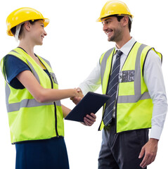 Architects in reflective clothing doing handshake while holding tablet computer