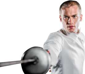 Close-up of man in fencing suit holding sword