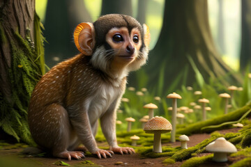 cute young pigmy Marmoset animal sitting in a magical forest with big red amanita muscaria mushrooms around it, background with moss and trees. generative ai illustration