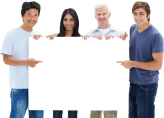 People in jeans holding and showing a big sign 