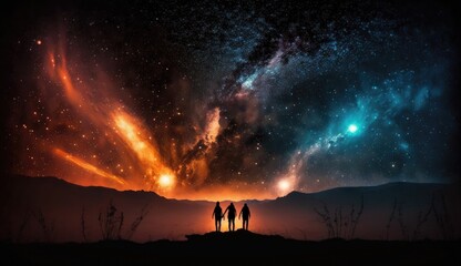 Epic Night sky with stars and silhouette of a standing happy three men, travellers, with orange yellow light. Space background. AI generated