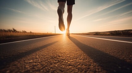 Athlete runner feet running on road towards a morning sunlight. Keep moving towards the goal. Being determined. Work out and wellness. AI generated - obrazy, fototapety, plakaty