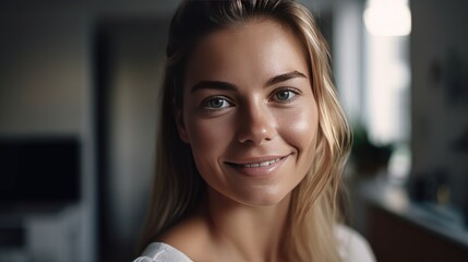 A photo of a beautiful happy woman smiling at a camera at home. Happiness and beauty. AI generated