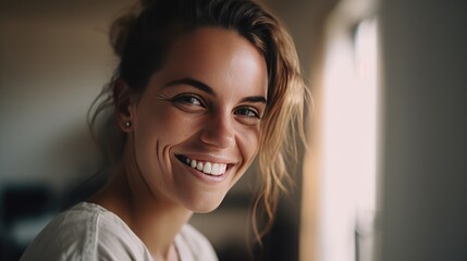 A photo of a beautiful happy relaxing woman smiling at a camera at home. Happiness and beauty. AI generated