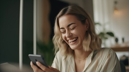 Fototapeta na wymiar A happy Beautiful woman laughing while using a smartphone at home. Technology in everyday life. AI generated