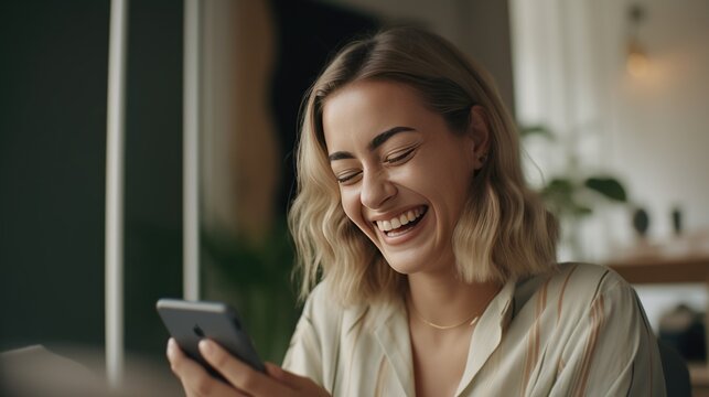 A happy Beautiful woman laughing while using a smartphone at home. Technology in everyday life. AI generated