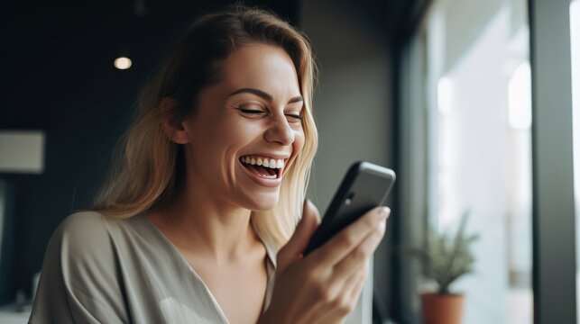 A happy Beautiful woman laughing while using a smartphone at home. Technology in everyday life. AI generated