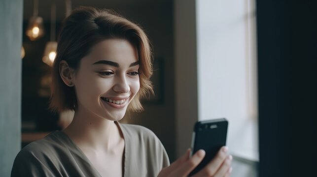 A happy beautiful woman smiling while using a smartphone at home. Technology in everyday life. AI generated