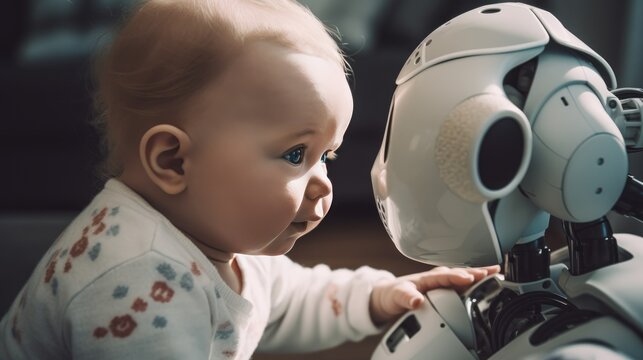 A baby, toddler, staring at a home babysitter robot closely feeling safe and curious. Artificial intelligence and robotic devices in everyday living. Human and AI coexistence concept. AI generated