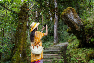Travel woman use cellphone to take photo at forest