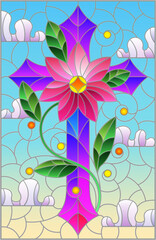 An illustration in the style of a stained glass window with a Christian cross with a flower on a background of blue sky and clouds