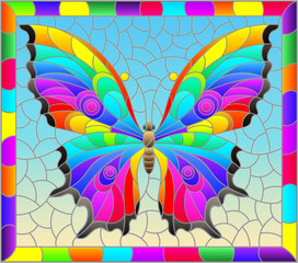 Illustration in stained glass style with a bright rainbow butterfly on a blue background in a bright frame, rectangular image