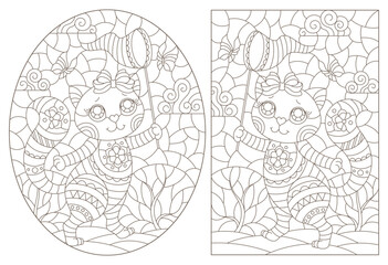Set of contour illustrations in the style of stained glass with cute cats on a landscape background, dark outlines on a white background
